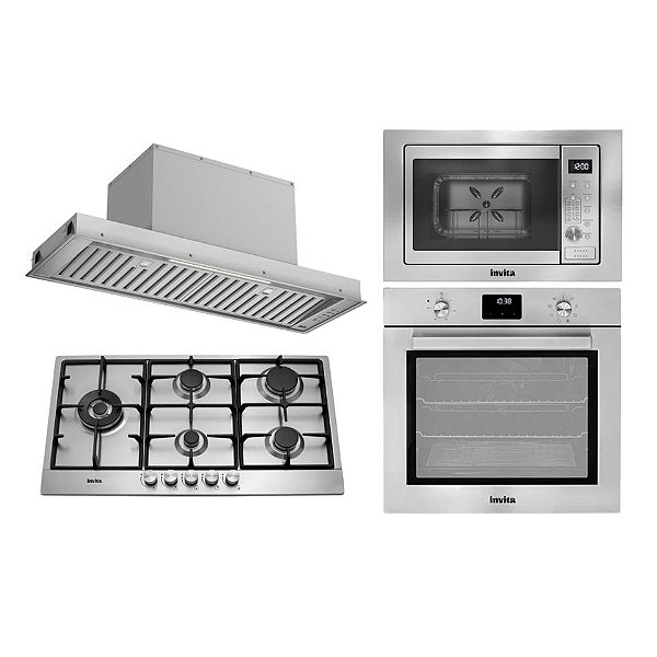 Kit Cozinha Invita Completa Built-in | Cooktop 5 Bocas 90cm + Forno 60cm + Coifa Built-in 90cm + Micro-ondas 25L | Inox 220V
