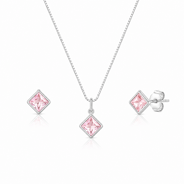 Conjunto Colar + Brinco Quadrado Rosa em Prata 925