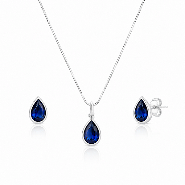 Conjunto Colar + Brinco Gota Azul em Prata 925