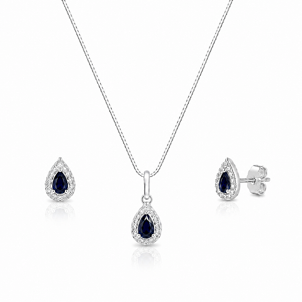 Conjunto Colar + Brinco Gota Azul Cravejada em Prata 925