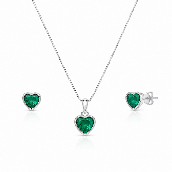 Conjunto Colar + Brinco Coração Verde em Prata 925
