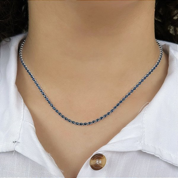 Colar Riviera Pedra Oval Azul em Prata 925