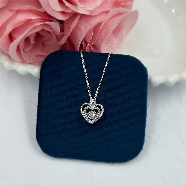 GARGANTILHA PRATA CARTIER CORACAO CRAVEJADO ZIRCONIAS MEIO MOISSANITE 4,5MM RODI
