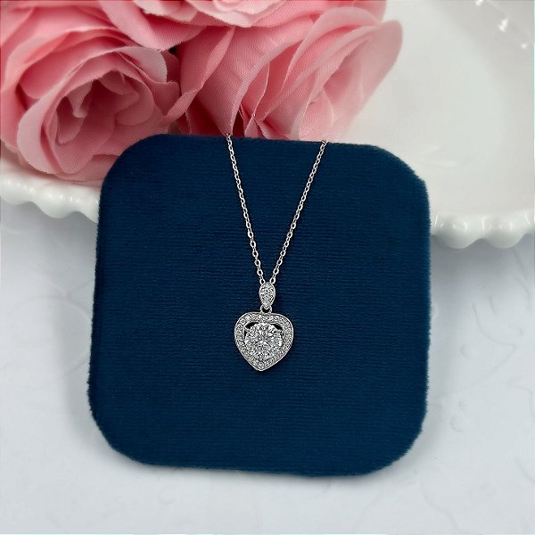 GARGANTILHA PRATA CARTIER CORACAO ZIRCONIAS MOISSANITE 6,5MM 45 CM RODIO