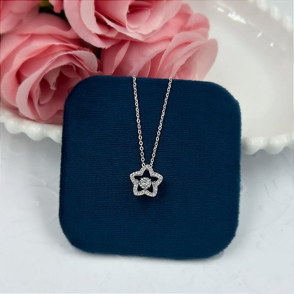 GARGANTILHA PRATA CARTIER ESTRELA VAZADA ZIRCONIAS MEIO MOISSANITE 45 CM RODIO