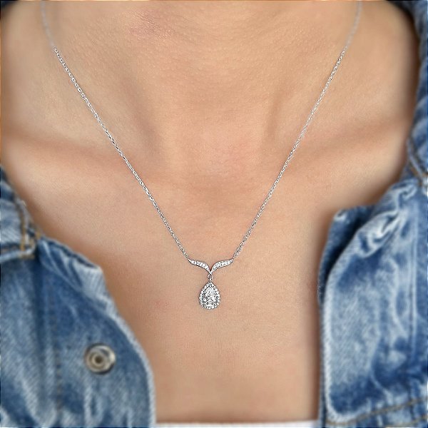 GARGANTILHA PRATA CARTIER PONTA ZIRCONIAS E GOTA MOISSANITES 45 CM RODIO
