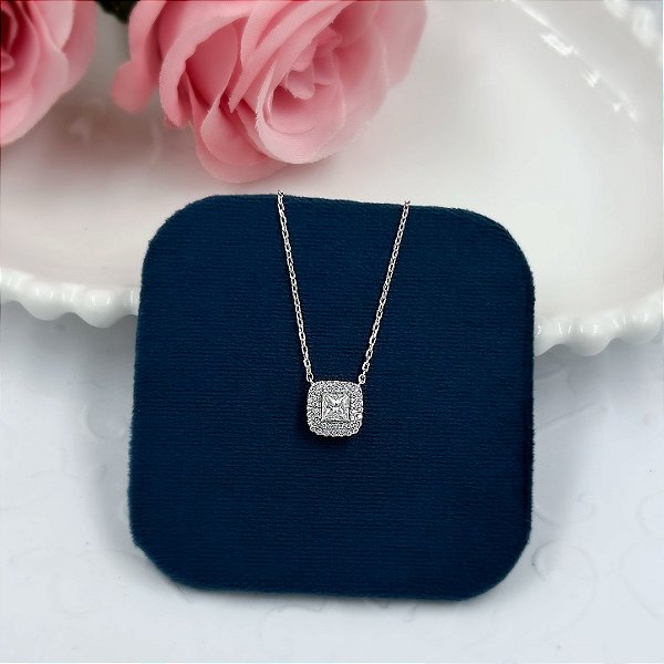 GARGANTILHA PRATA CARTIER QUADRADO ZIRCONIAS E MOISSANITE 5X2 45 CM RODIO
