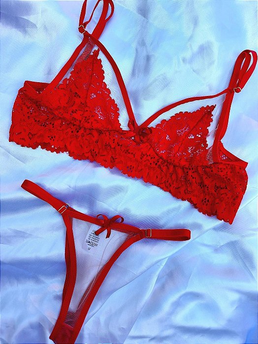 Conjunto Lingerie Vermelha Renda Delicada
