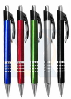 D134 - Caneta plástica com detalhe de quatro aneis prata.