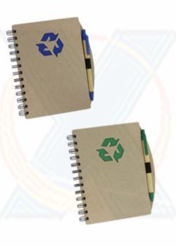 S421 - Bloco de anotações e caneta, material reciclado, folhas brancas pautadas. Contém 60 folhas.