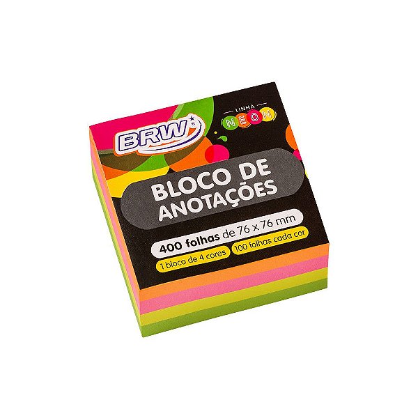 Bloco Adesivo - 76x76mm - 4 Cores Neon - 400 Folhas - SupperPapel | 9 anos!