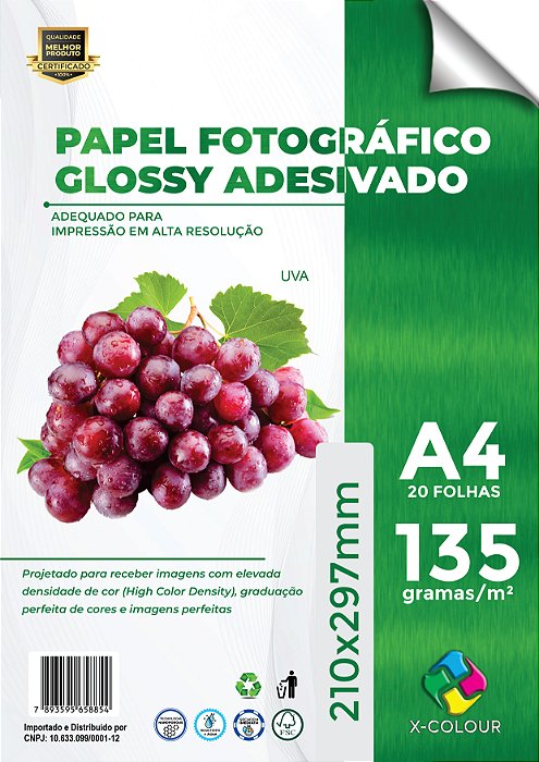 Papel Fotográfico Adesivo - X-Colour - Brilho/Glossy - 135g - Jato de Tinta - A4 - 210x297mm