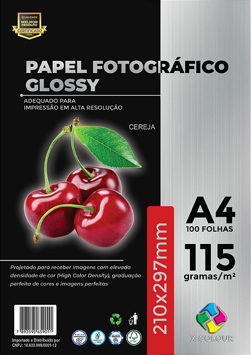 Papel Fotográfico - X-Colour - Glossy/Brilho - 115g - Jato de Tinta - A4 - 210x297mm