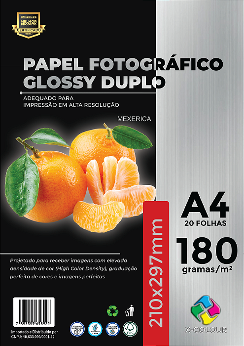 Papel Fotográfico Dupla Face - X-Colour - Glossy/Brilho - 180g - A4 - 210x297mm