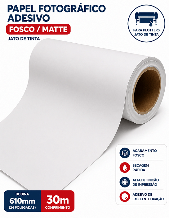 Papel Fotográfico Adesivo - Fosco/Matte - 108g - Jato de Tinta - Bobina - 610mm x 30m