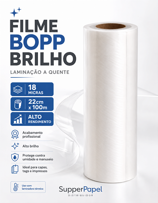 Bopp Brilho para Laminação a quente - 18 Micras - 22cm x 100metros