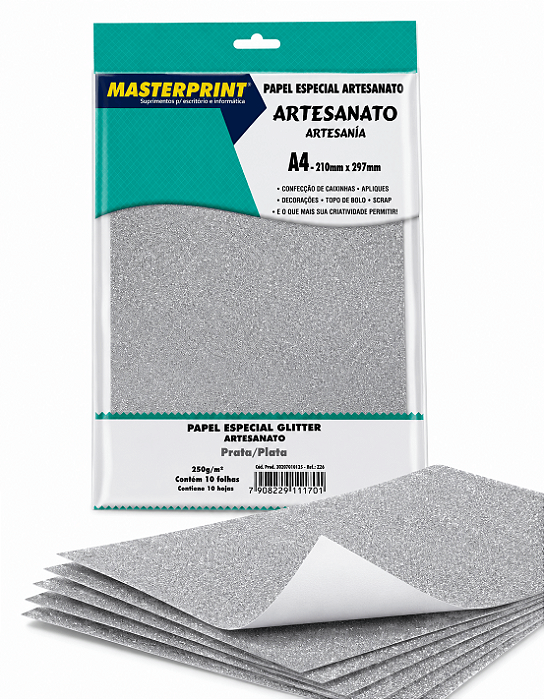 Papel Glitter Masterprint - Prata - 250g - A4