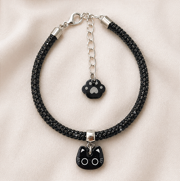 Pulseira Ajustável CuteCat Omamori Charms Strass Preto