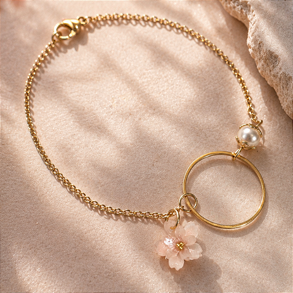 Pulseira Nude Sakura Flor de Cerejeira | Coleção Hana Omamori Charms