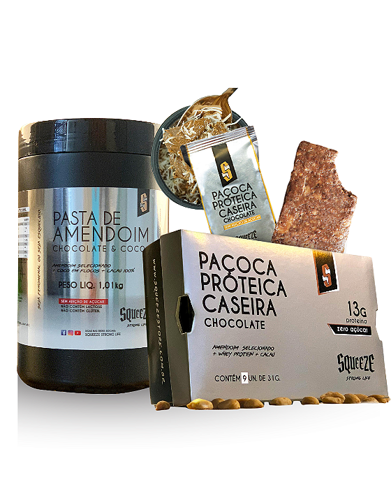 Combo Choco fit (Pasta de amendoim Chocolate e coco 1kg + Paçoca Proteica de chocolate Squeeze)