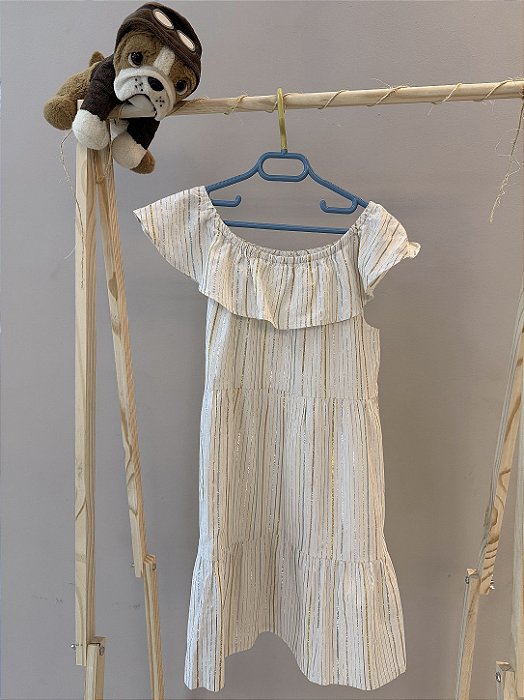 Vestido branco midi com listras douradas, Marca Hering, Tamanho 10 anos