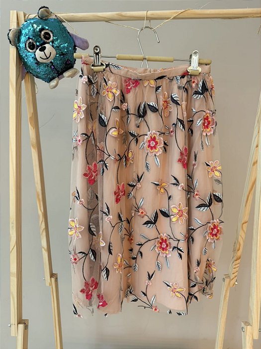 TAM XS - Zara - Saia Tule Flores Rosa