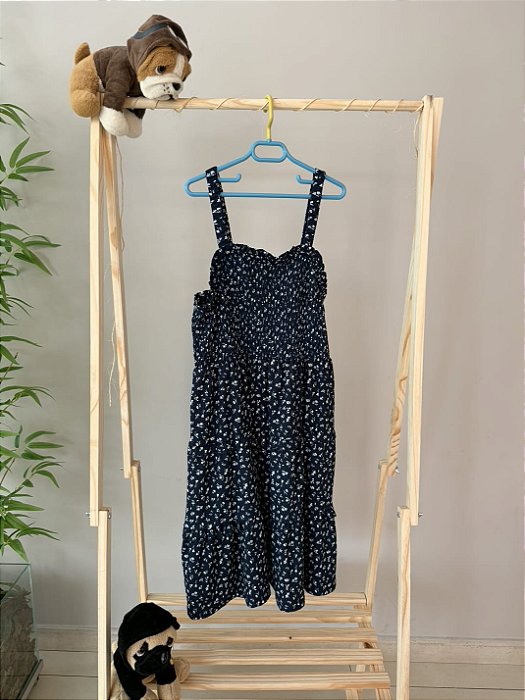 TAM 13-14 - Zara - Vestido Midi Azul com Flor Branca e Lastex no Busto