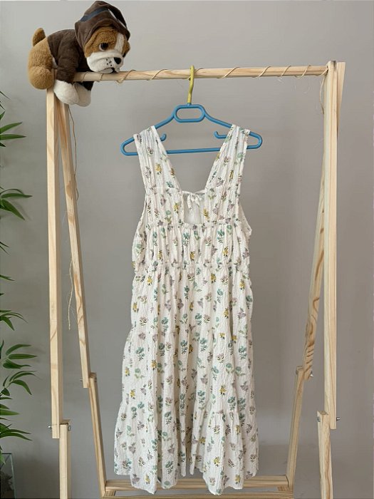 TAM 13-14 - Zara - Vestido Midi Creme com Flores Amarelas e Lilás em Crepe