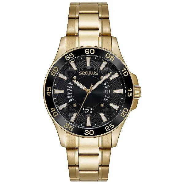 Seculus Masculino Aço Dourado Calendário 23729GPSVDA2
