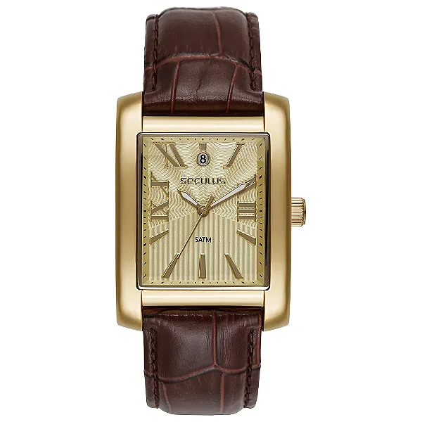 Seculus Analógico Quadrado Couro Croco Dourado 23744GPSVDC2