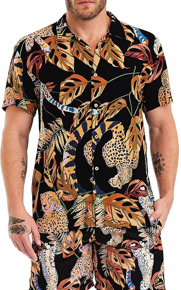 Camisa Masculina Estampada Manga Curta Viscose - Cheetah