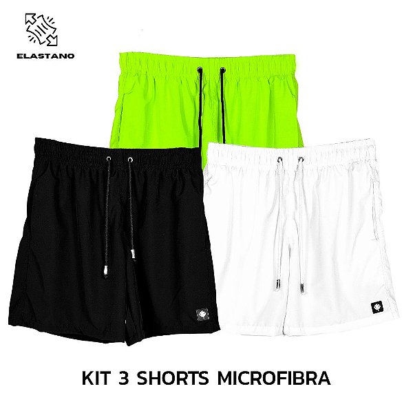 KIT 3 Shorts Praia Microfibra Colorido Elastano Mega Confortável LaVibora - Preto, Verde e Branco