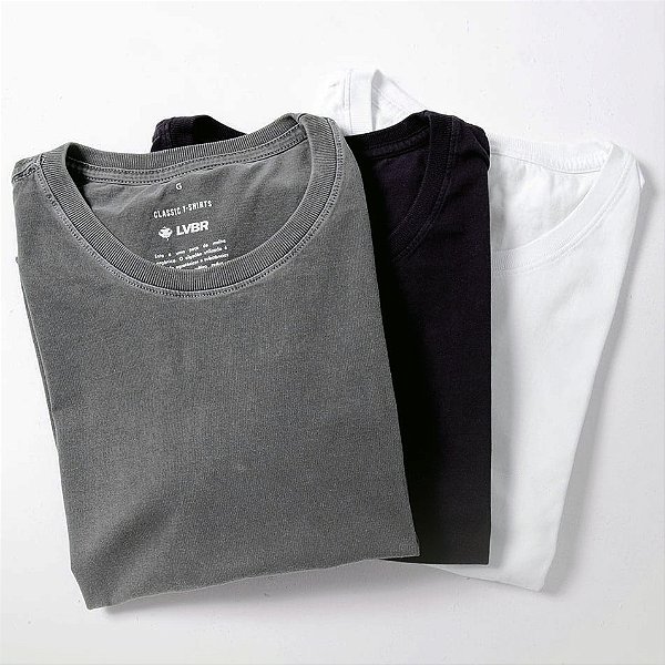 Kit 3 Camisetas Masculinas de Malha Premium Básicas - Cinza Estonada, Branco e Preto