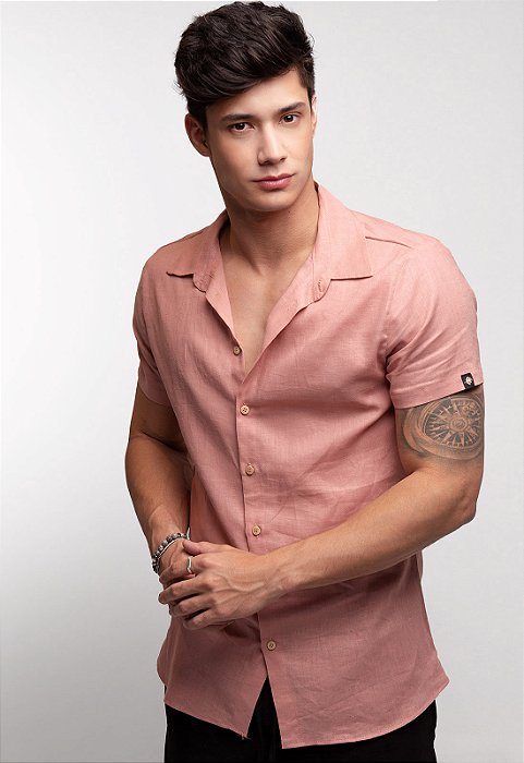 Camisa Masculina Manga Curta Linho Rosa