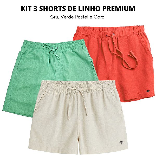 Kit 3 Shorts Linho Casual Masculino Premium - Crú, Verde Pastel e Coral