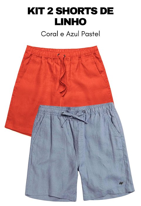 Kit 2 Shorts de Linho Casual Masculinos Premium - Coral e Azul Pastel por R$199,90