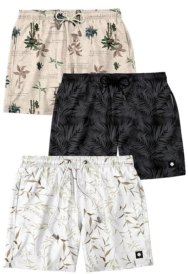 Kit 3 Shorts Praia "Os Mais Vendidos" - Peace Floral, Black Tropical e Litoral