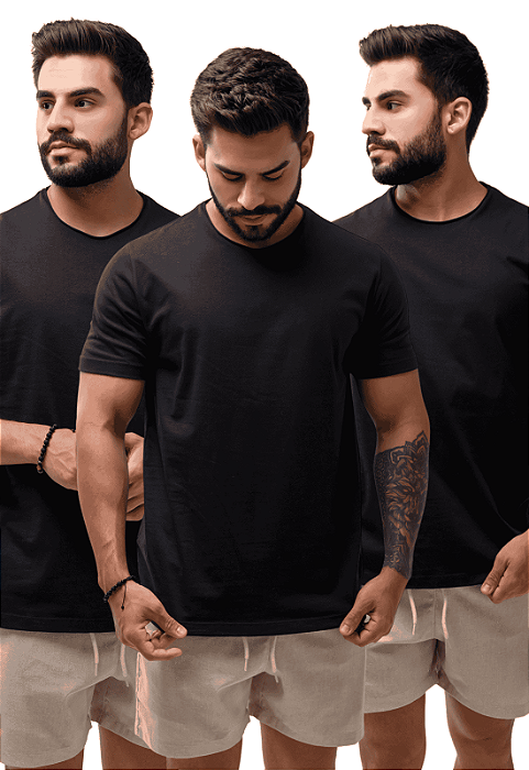 Kit 3 Camisetas Básicas Corte A Fio 100% Algodão - Preto