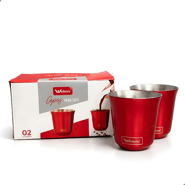 Jogo 2 Copos Térmicos Inox Parede Dupla 90ml Vermelho para Café Expresso