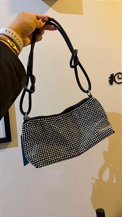 Bolsa baguete preta de strass