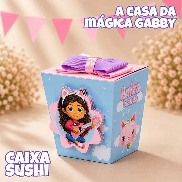 Caixa Sushi com Laço de Cetim A Casa Mágica da Gabby 5, 10, 15, 20 e 25 | Fazemos Qualquer Tema | Luxo Festa Infantil