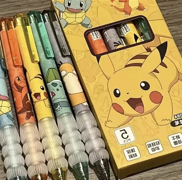 Kit 5 Canetas Escolar Personagens Pokémon
