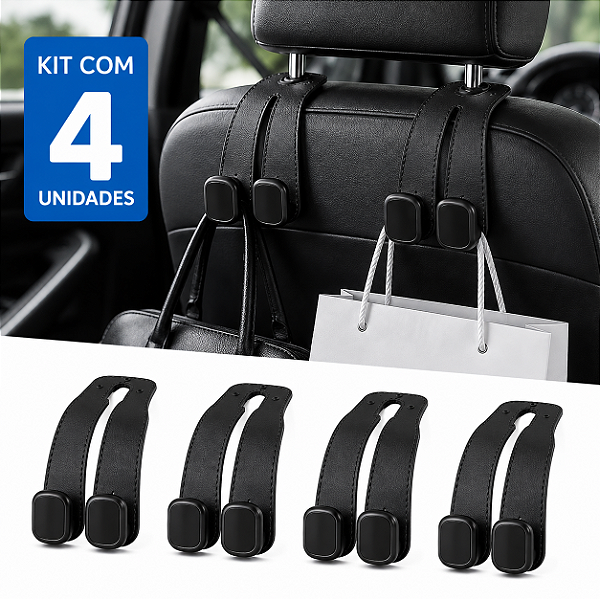 KIT 4 Ganchos Universal Preto Para Encosto De Cabeça De Assento De Carro-Duplo Couro Premium