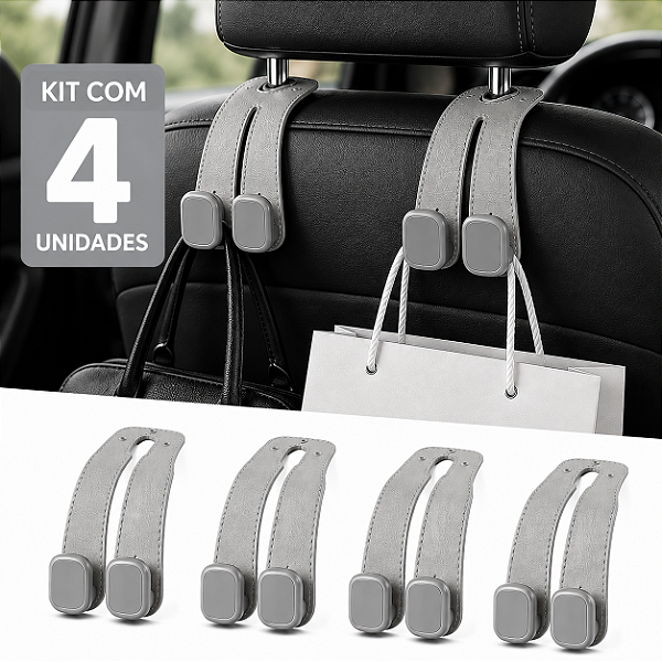 KIT 4 Gancho Universal Cinza Claro Para Encosto De Cabeça De Assento De Carro-Duplo Couro Premium