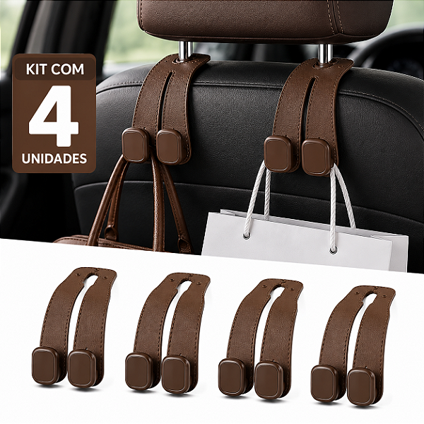KIT 4 Gancho Universal Marrom Para Encosto De Cabeça De Assento De Carro-Duplo Couro Premium