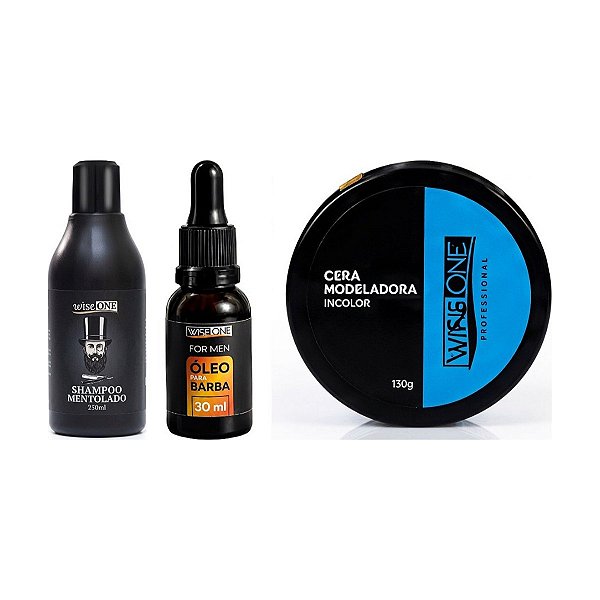 Kit Barbearia Essencial - Shampoo Mentolado + Óleo de Barba + Cera Incolor