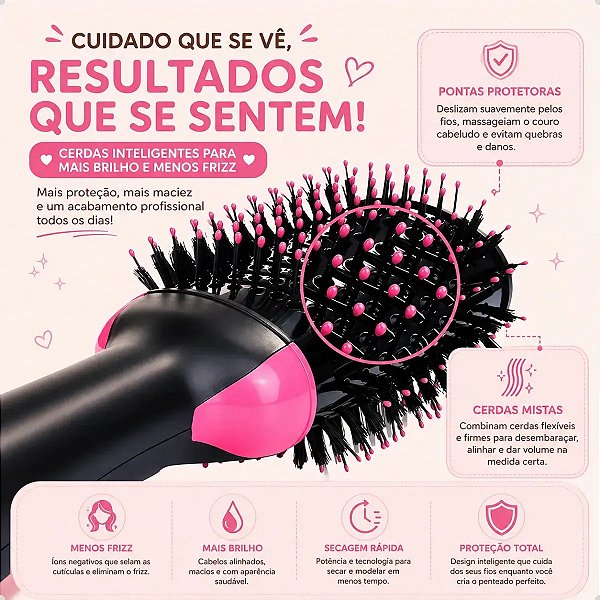 Escova Elétrica Secadora Anti Frizz Modeladora 3 Em 1 Alisadora Seca E Cachos