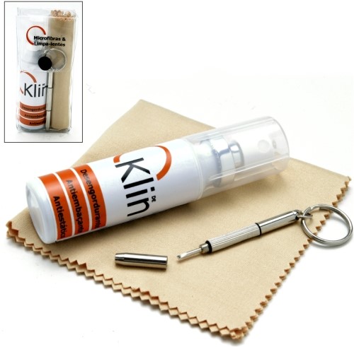 Limpa-Lente Kit DeKlin 30ml Microfibra 15x18 Chaveiro Personalizado