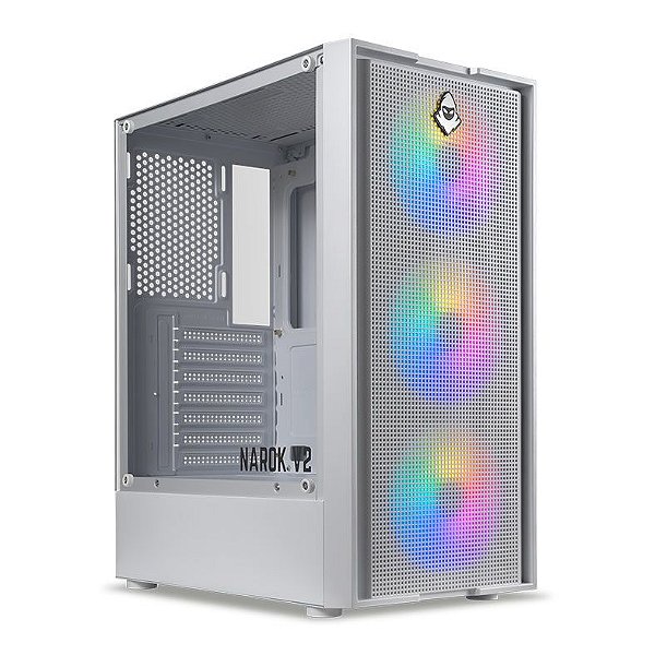 GABINETE GAMER MANCER NAROK V2, RAINBOW, MID-TOWER, LATERAL DE VIDRO, COM 6 FANS RGB ESTATICO , BRANCO