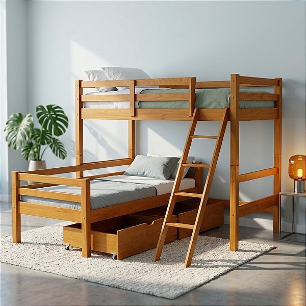 Cama Beliche L Solteiro Madeira Macica 2 Gavetoes